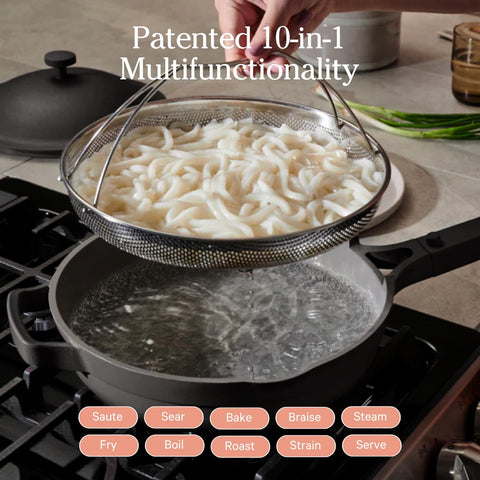 Our Place Always Pan 2.0 modular lid with moisture control for cooking.