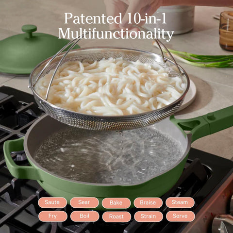 Our Place Always Pan 2.0 recycled aluminum body heats quickly and evenly.