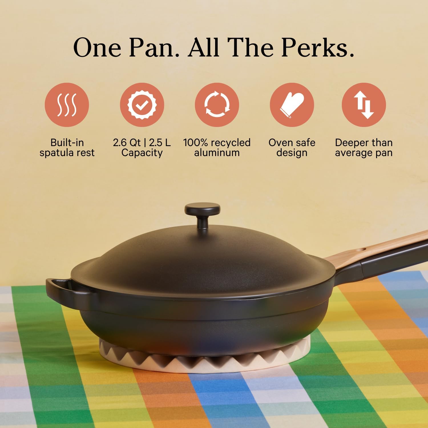 Our Place Always Pan 2.0 steamer basket integrated for quick vegetable steaming.
