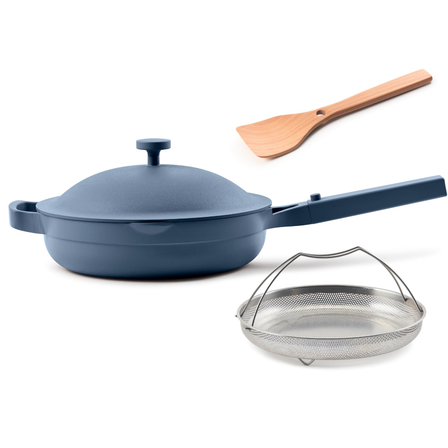 Our Place Always Pan 2.0 in Blue Salt with steam-release lid for versatile one-pan meals.
