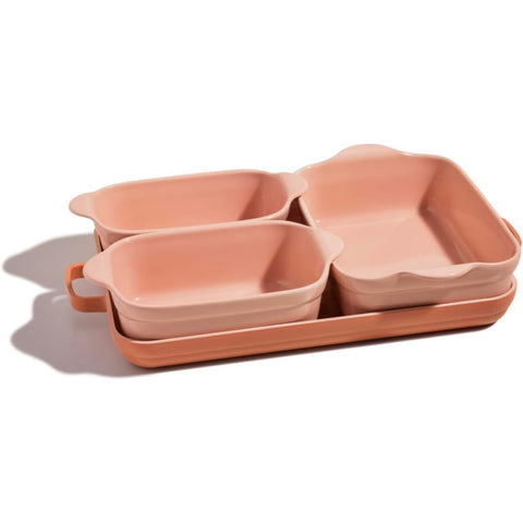 Our Place 5-piece bakeware set arranged for versatile meal prep.