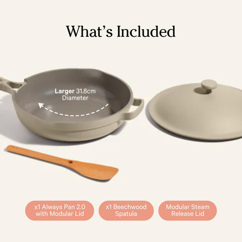 Our Place Large Always Pan beechwood spatula included for easy scraping and neat serving.
