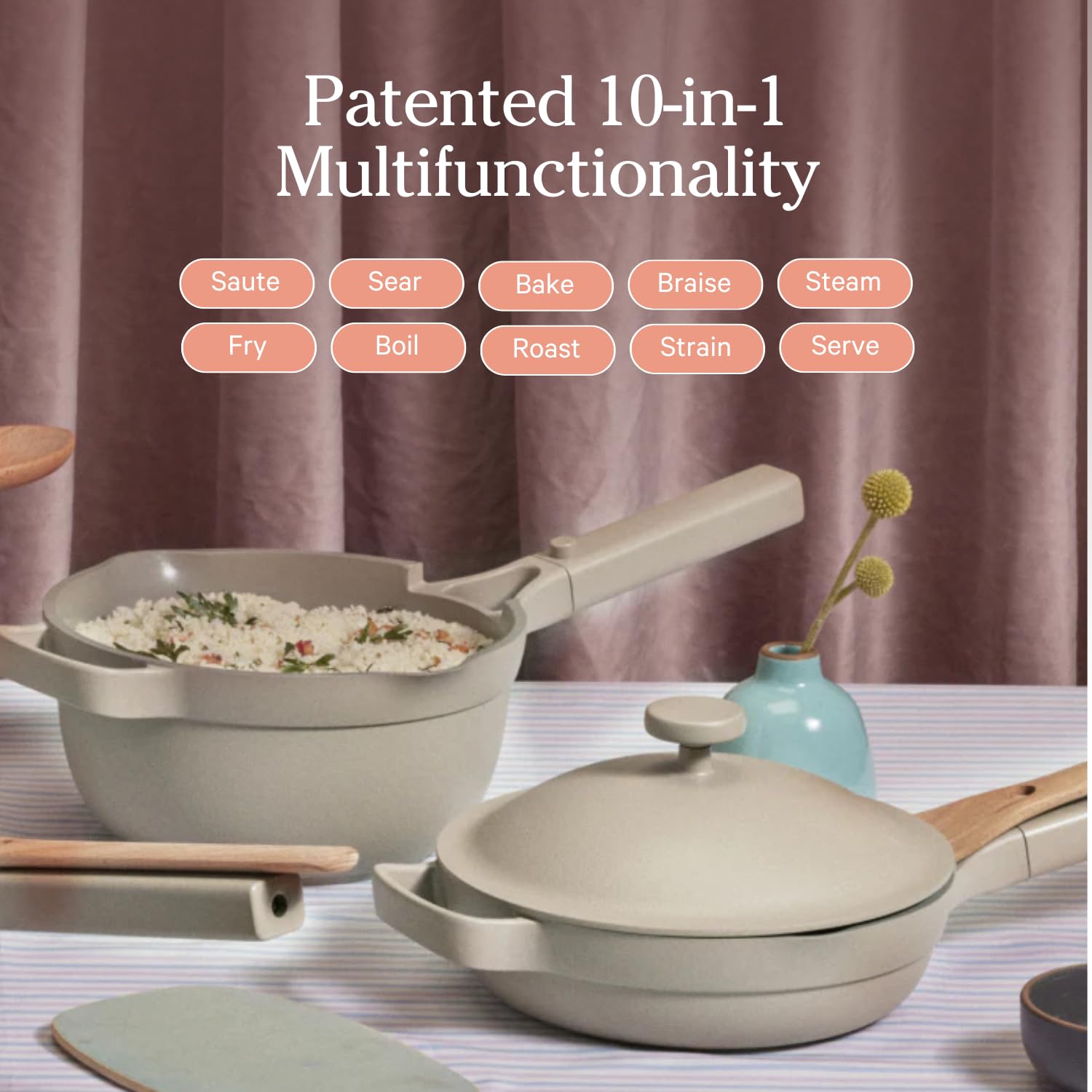 Our Place Mini Always Pan with beechwood spatula for effortless daily meals.