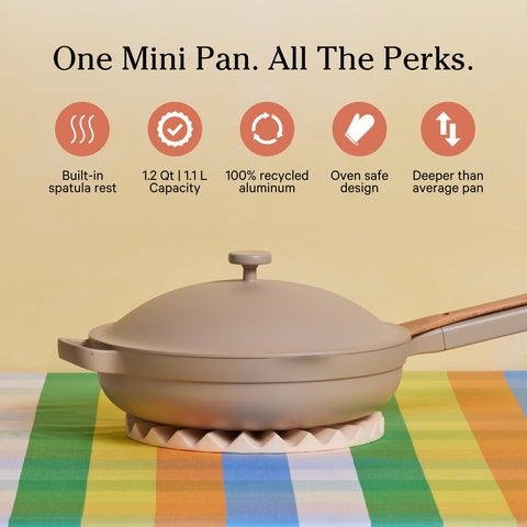 Our Place 8.5-inch ceramic pan highlighting its nonstick surface for quick meals.