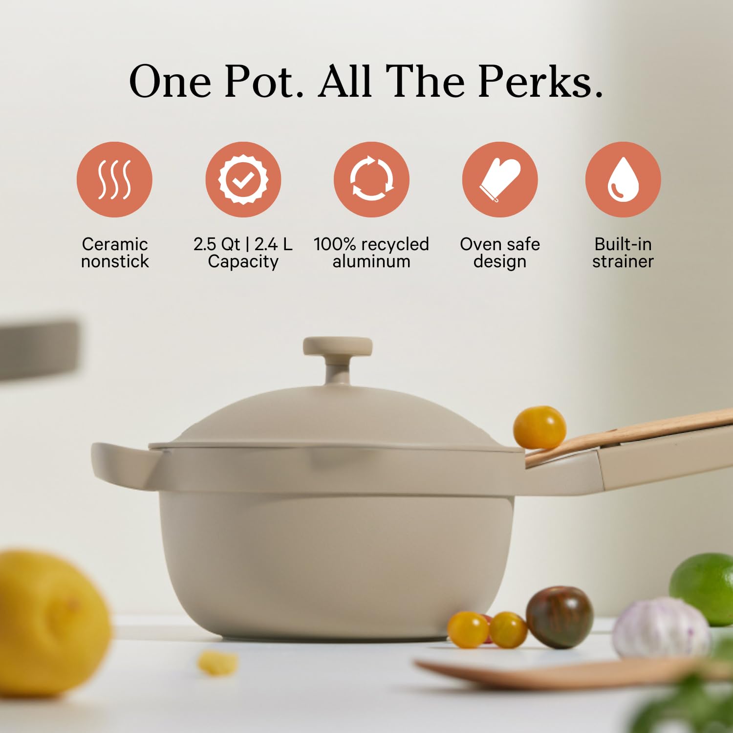 Our Place Mini Perfect Pot lid with built-in strainer for easy draining