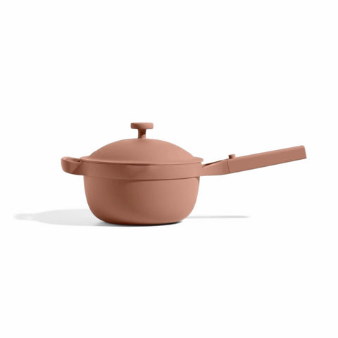 Our Place Mini Perfect Pot with lid-strainer for easy draining and versatile cooking.