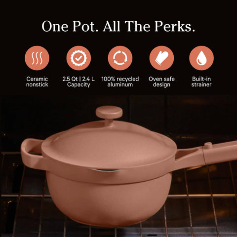 View of open lid on Our Place Mini Perfect Pot for small-batch cooking.