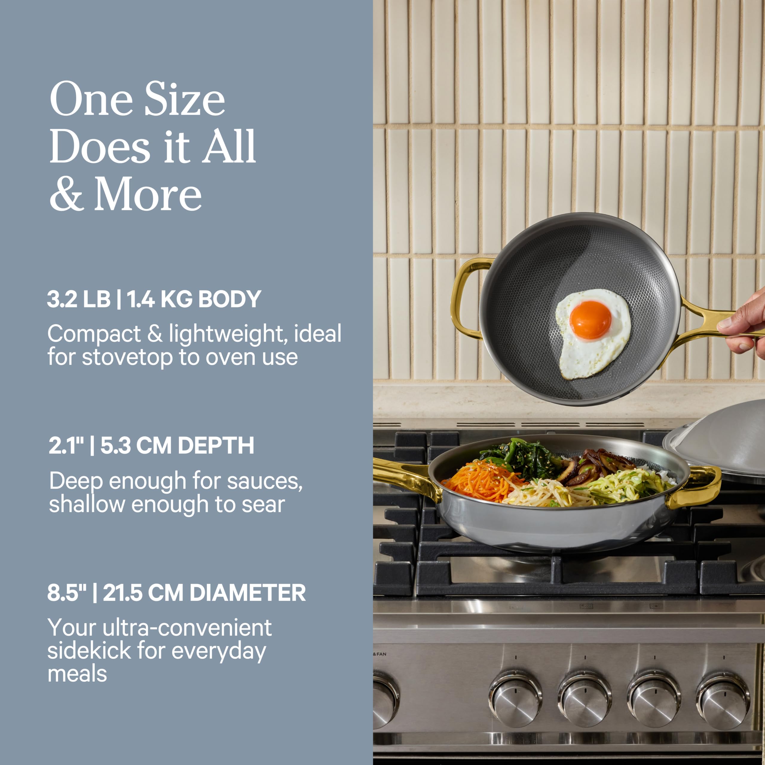 Our Place Mini Titanium Always Pan Pro induction-ready design enables stovetop versatility.