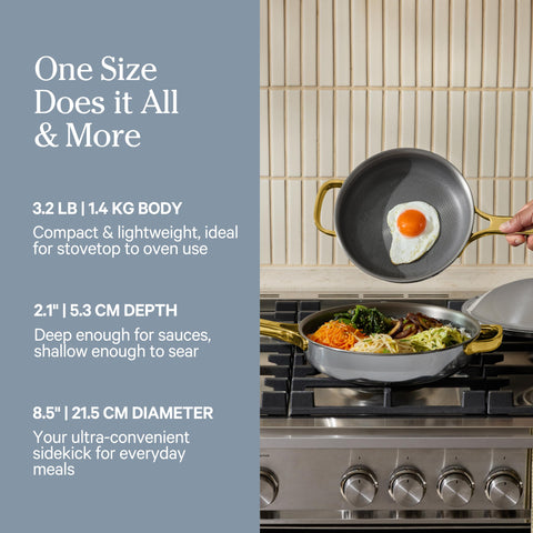 Our Place Mini Titanium Always Pan Pro induction-ready design enables stovetop versatility.
