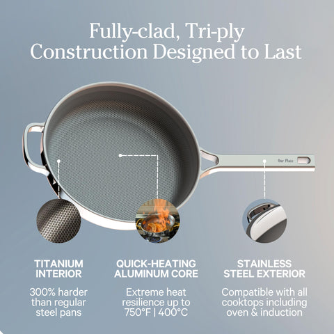 Our Place Mini Titanium Always Pan Pro oven-safe up to 750°F offers versatile cooking methods.