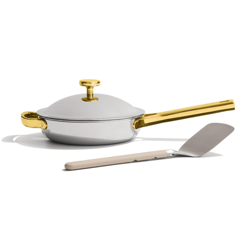 Our Place Mini Titanium Always Pan Pro side view shows compact design for small kitchens and single servings.