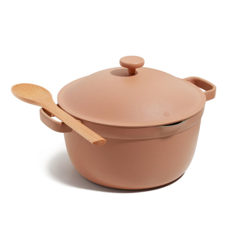 Our Place Perfect Pot with lid on, versatile 5.5 qt for family meals.