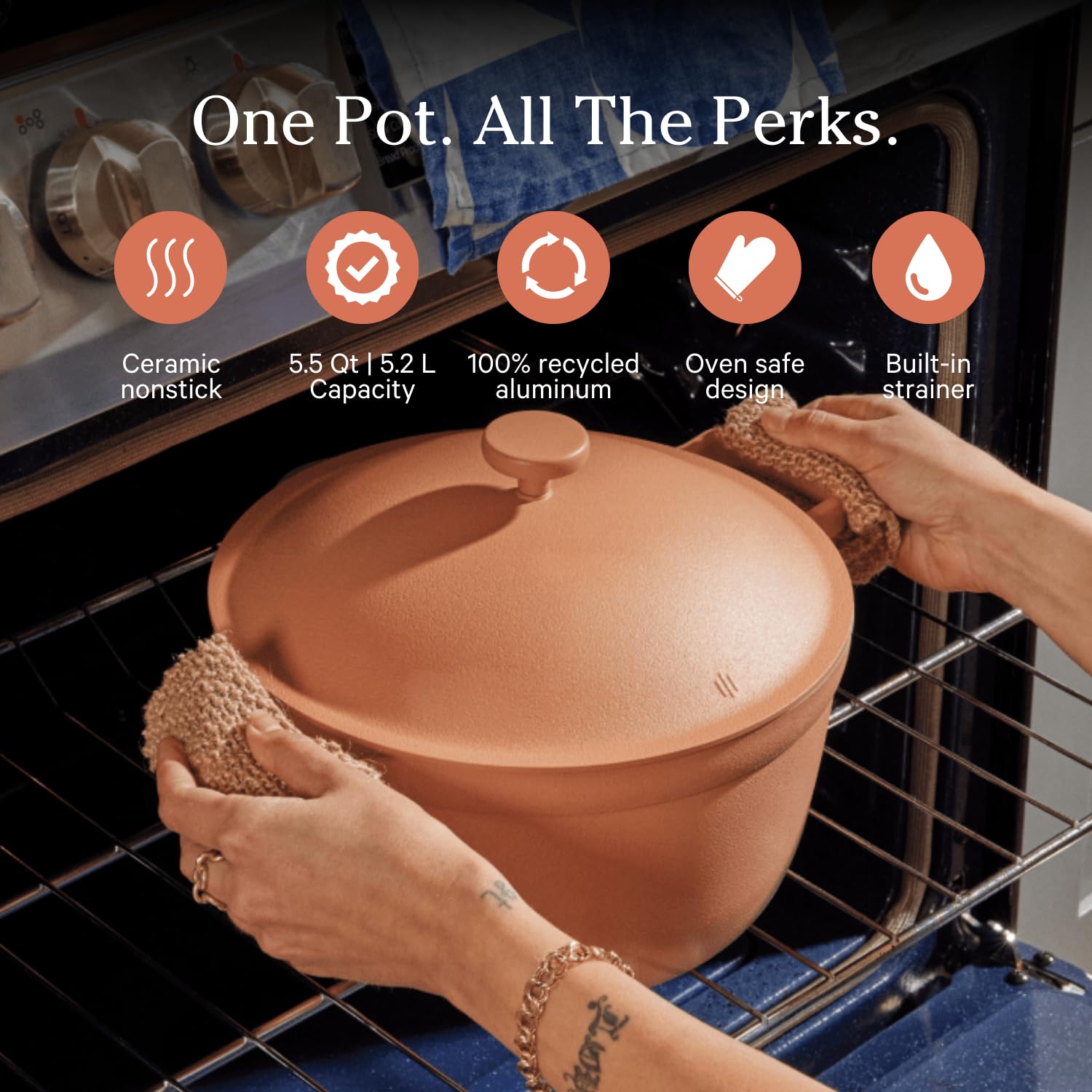 Our Place Perfect Pot built-in steam-release lid for faster cooking.