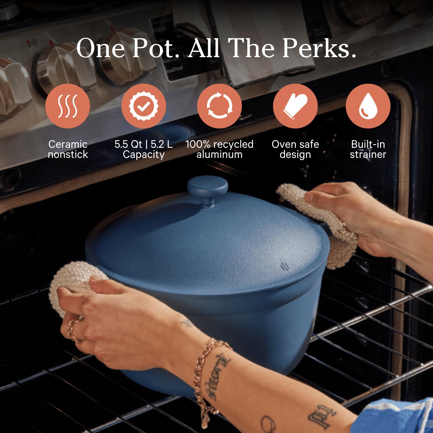 Our Place Perfect Pot built-in strainer enables quick drainage without extra tools.