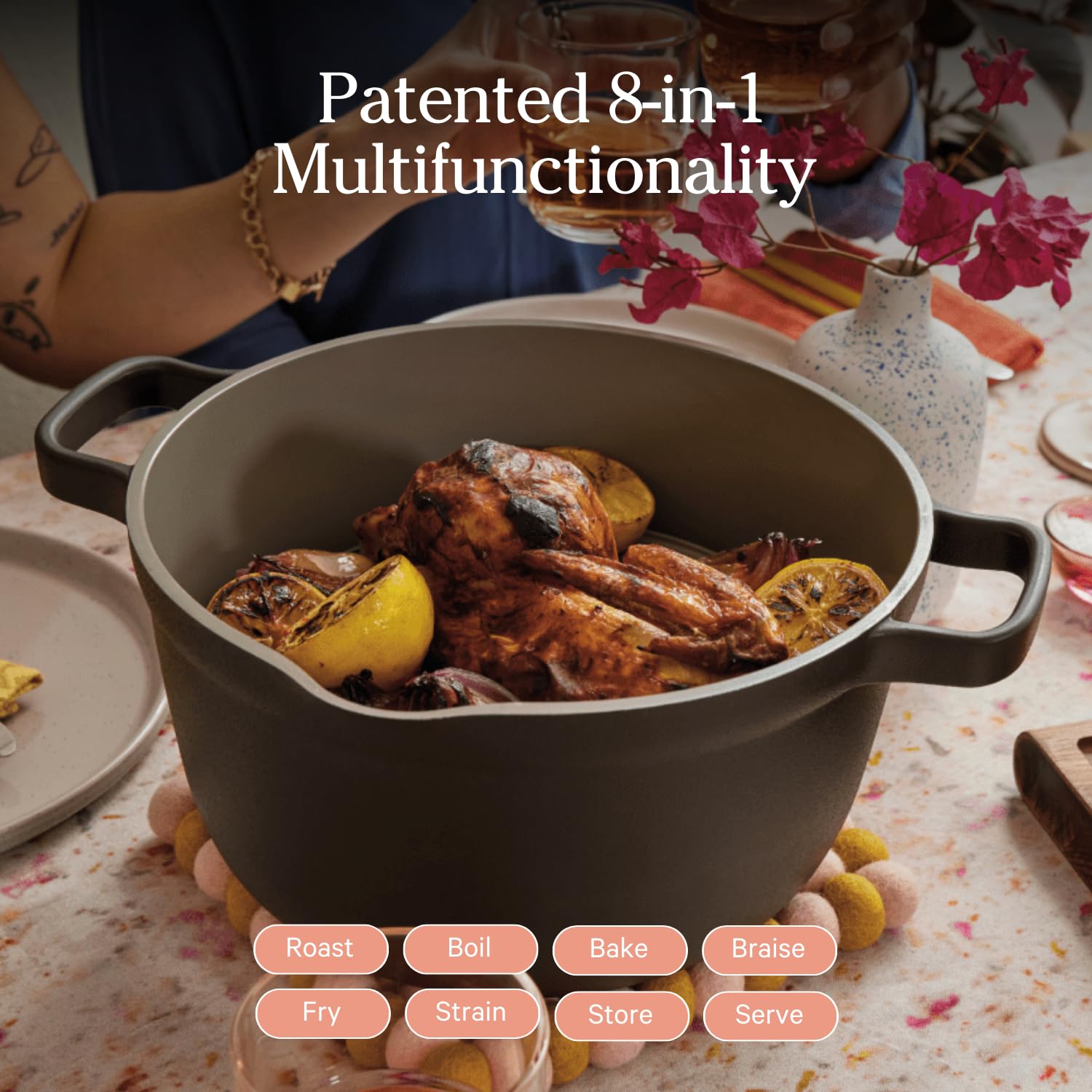 Our Place Perfect Pot built-in strainer demonstrates convenient draining
