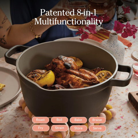 Our Place Perfect Pot built-in strainer demonstrates convenient draining