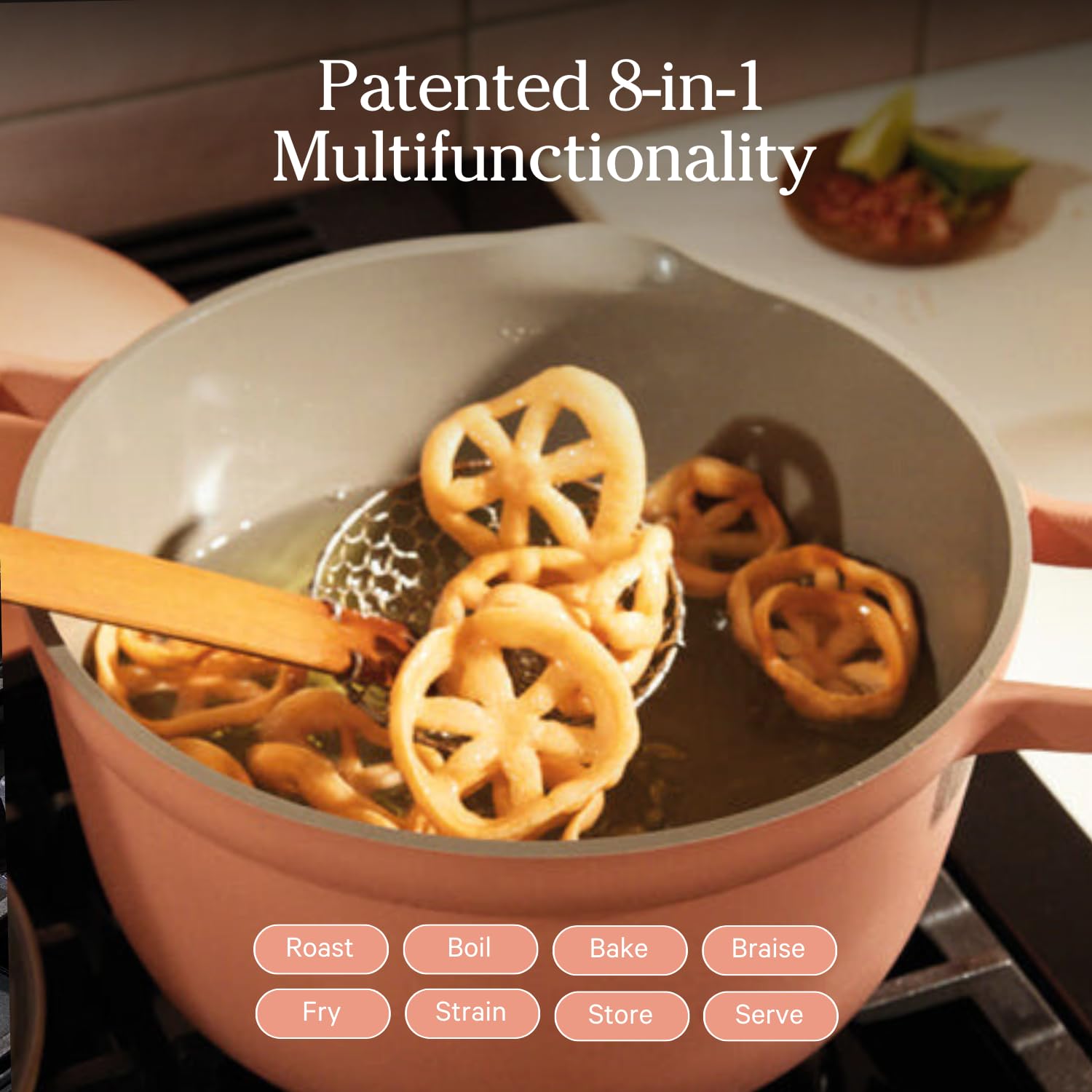 Our Place Perfect Pot ceramic nonstick coating for easy release and cleanup.