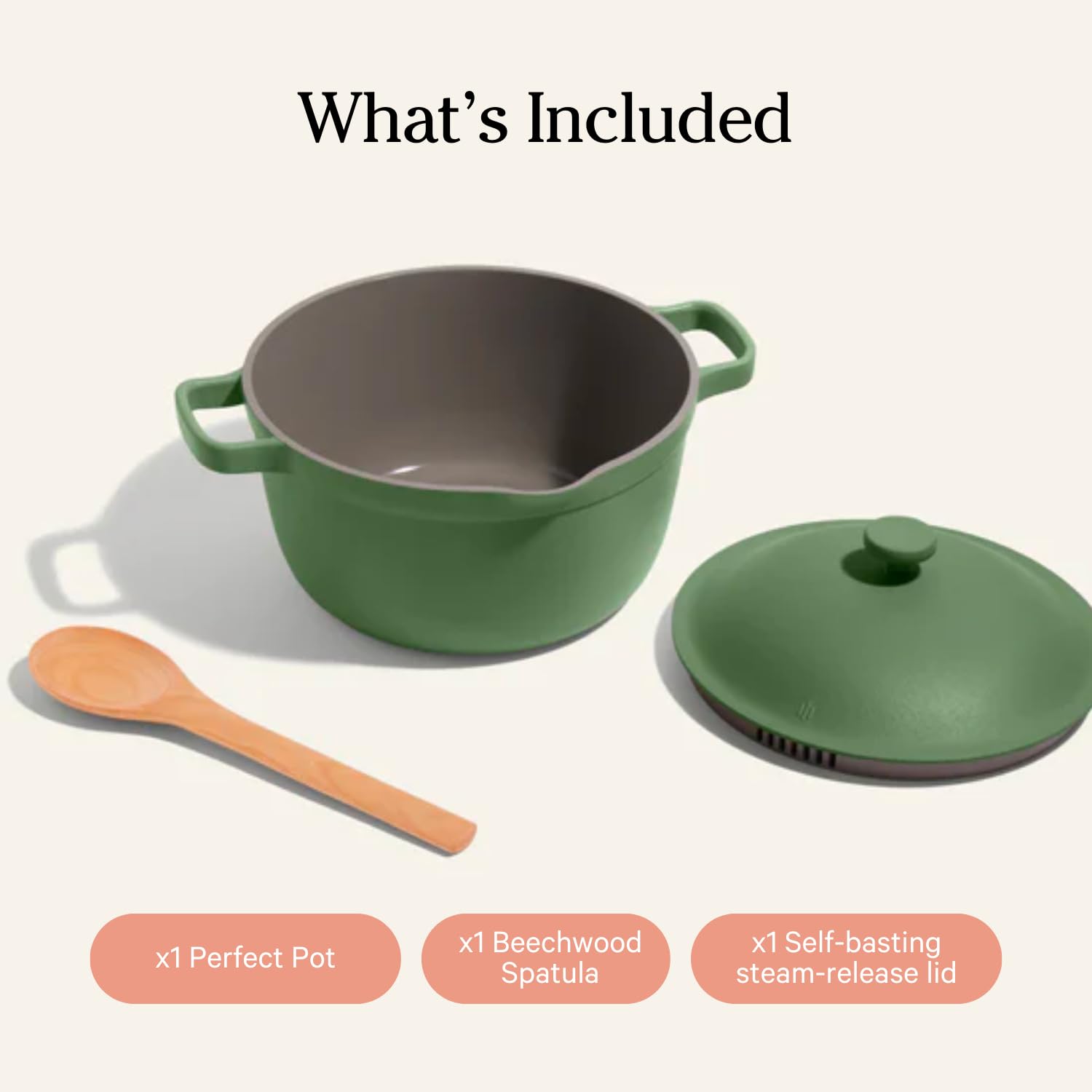 Our Place Perfect Pot sage steam-release lid with built-in strainer reduces steps