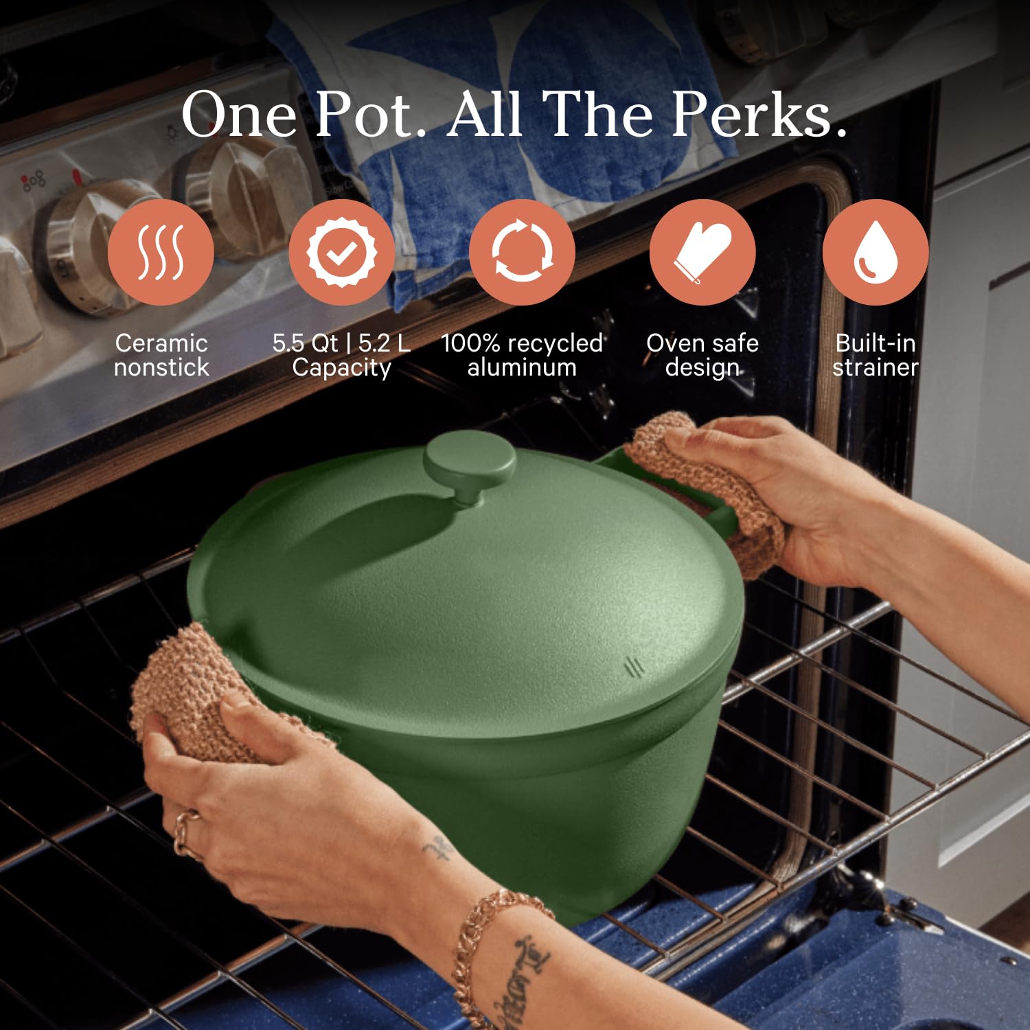 Our Place Perfect Pot sage full pot view with 5.5 qt capacity for family dinners