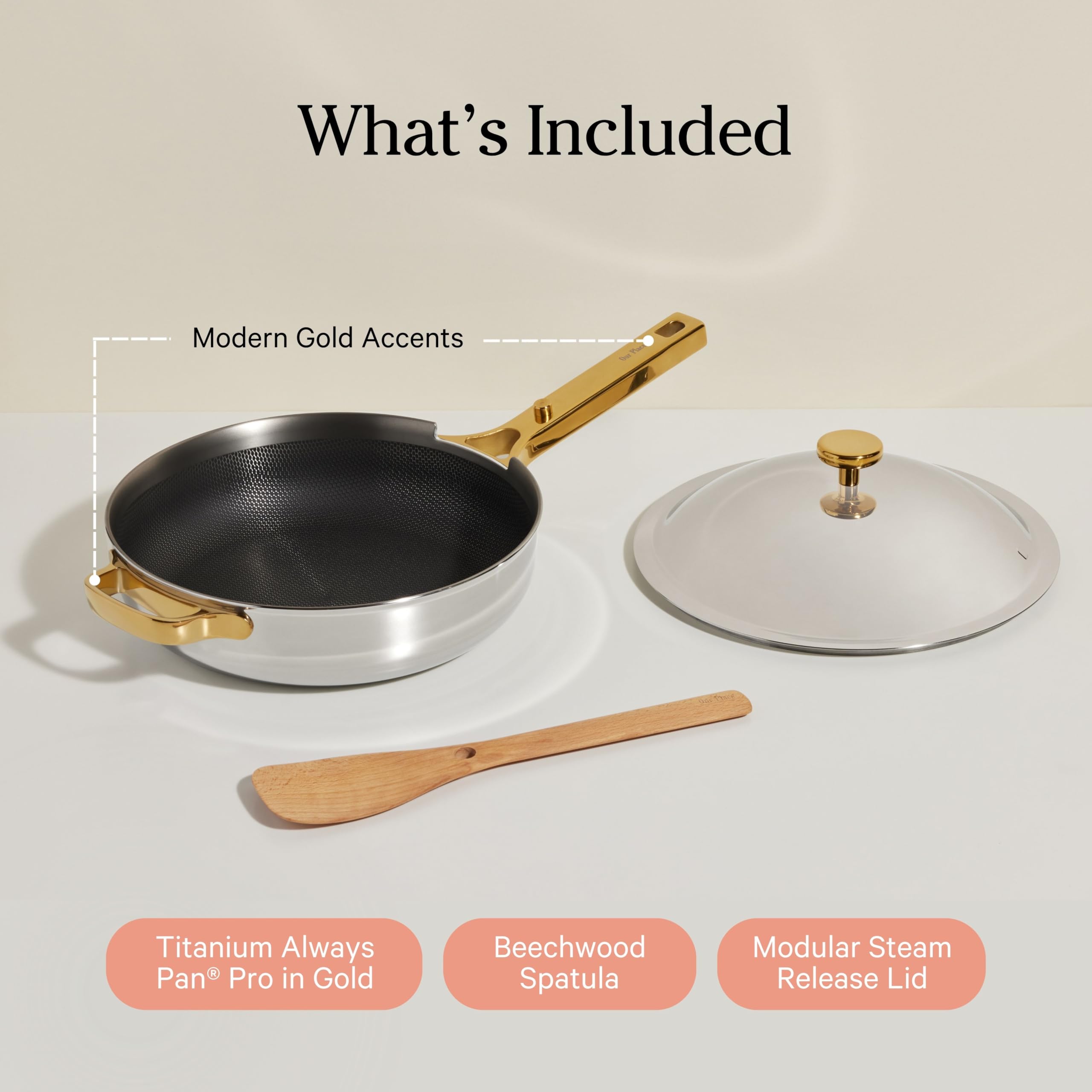 Nestable beechwood spatula with Our Place Always Pan Pro for compact storage