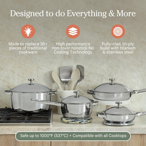 Our Place Titanium Pro with tri-ply exterior and aluminum core delivers even heat.
