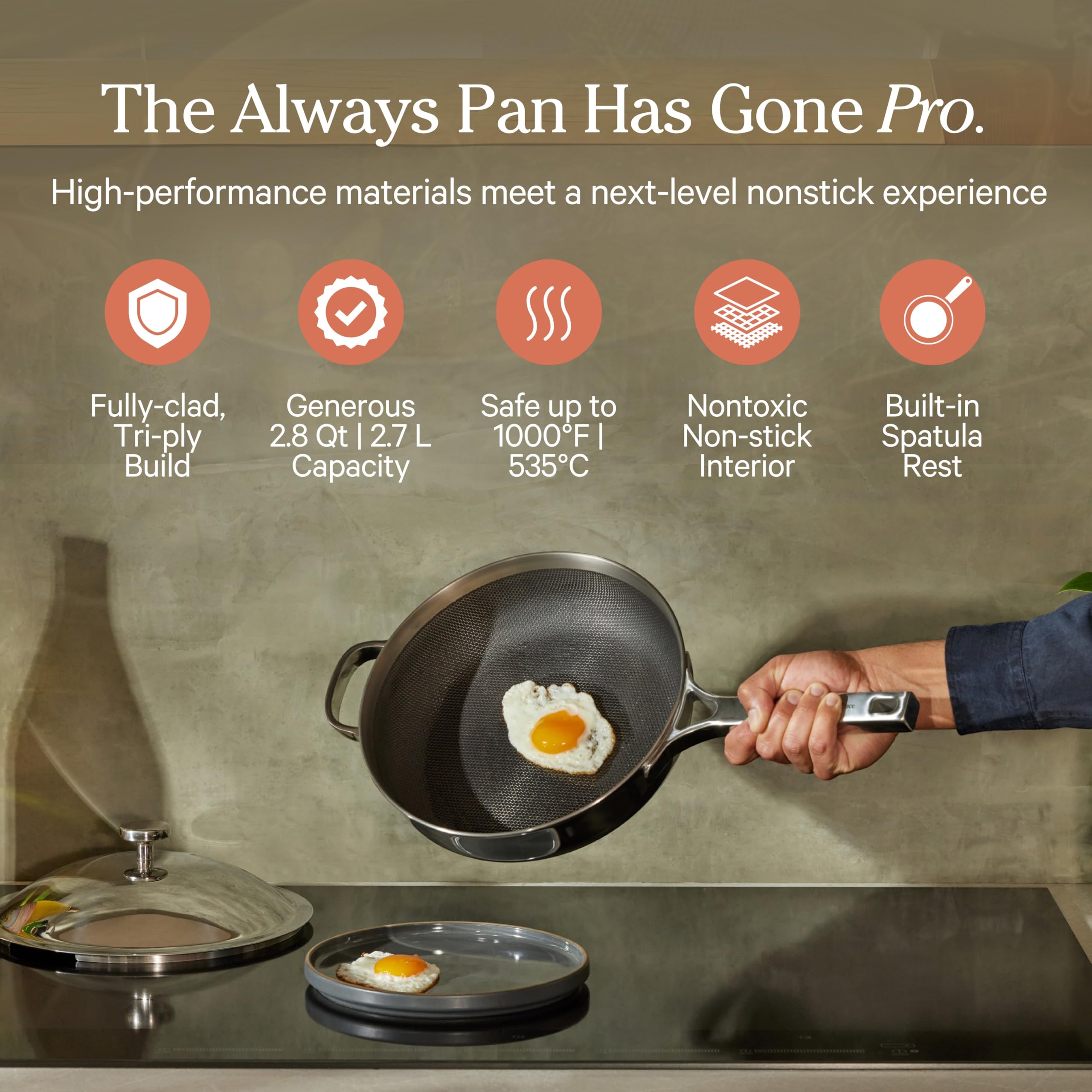 Our Place Titanium Pro Always Pan Pro interior showing coating-free release.
