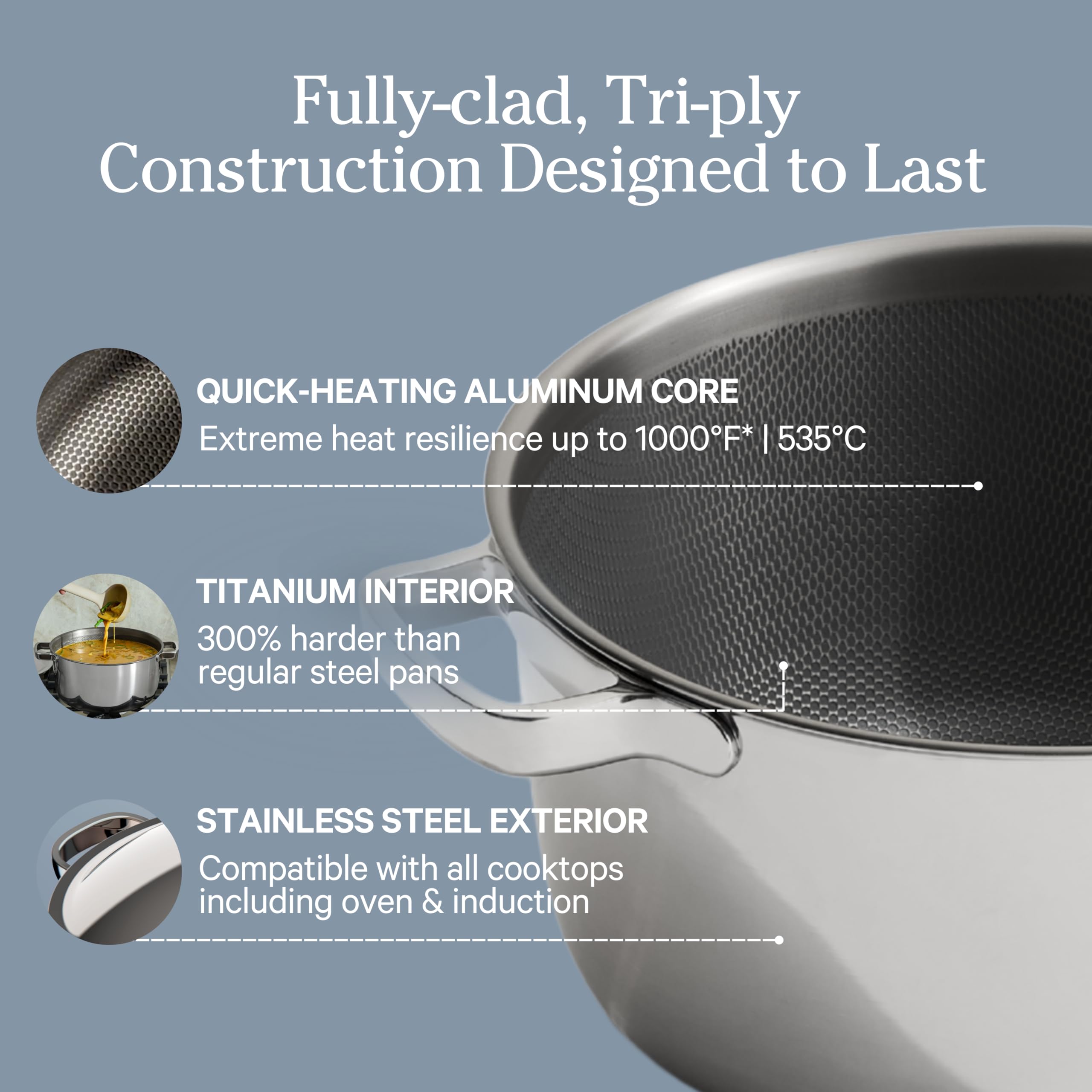 Our Place Titanium Pro No-Coat interior close-up emphasizes safe, toxin-free cooking.