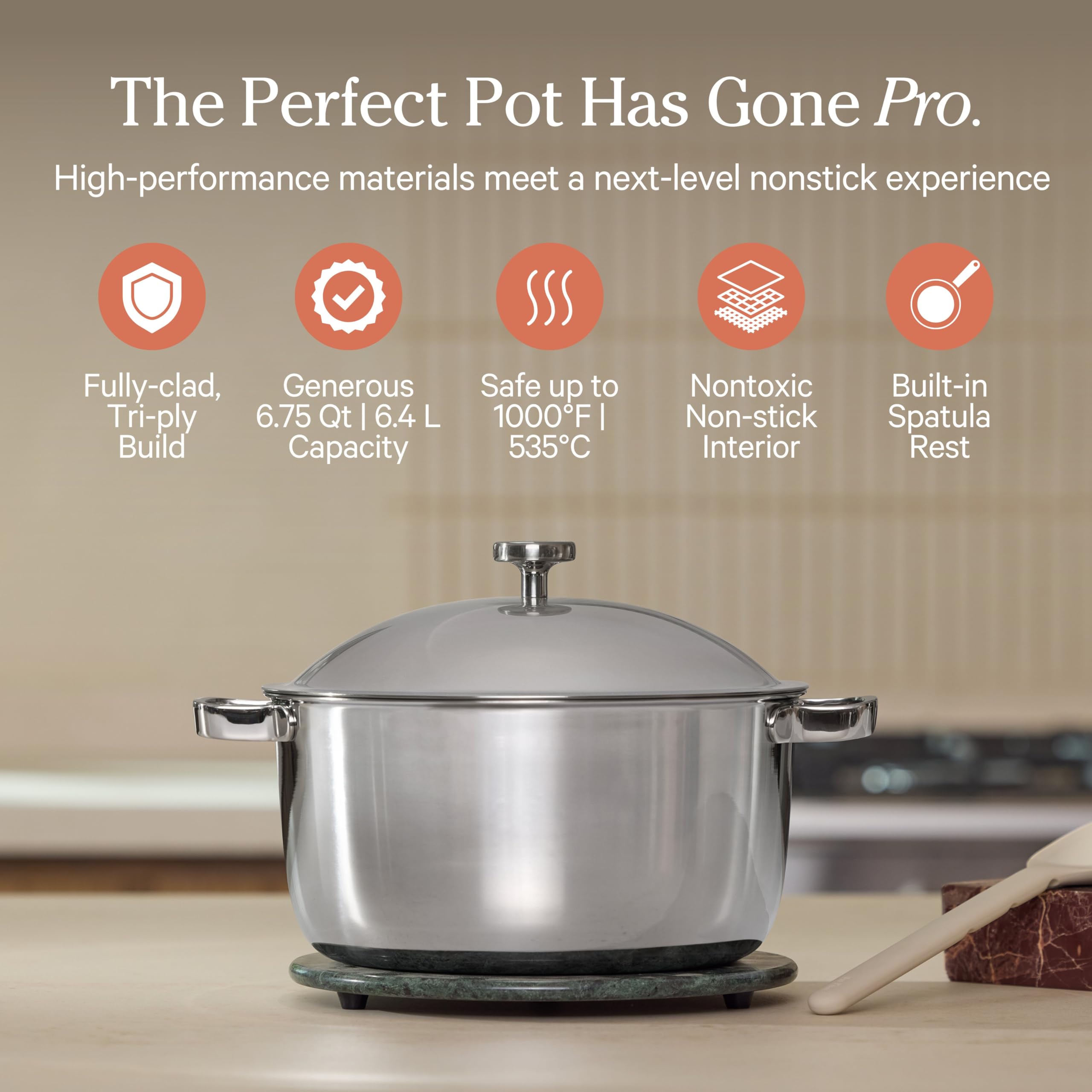 Our Place Titanium Pro Perfect Pot Pro lid-off side view highlighting braising versatility.