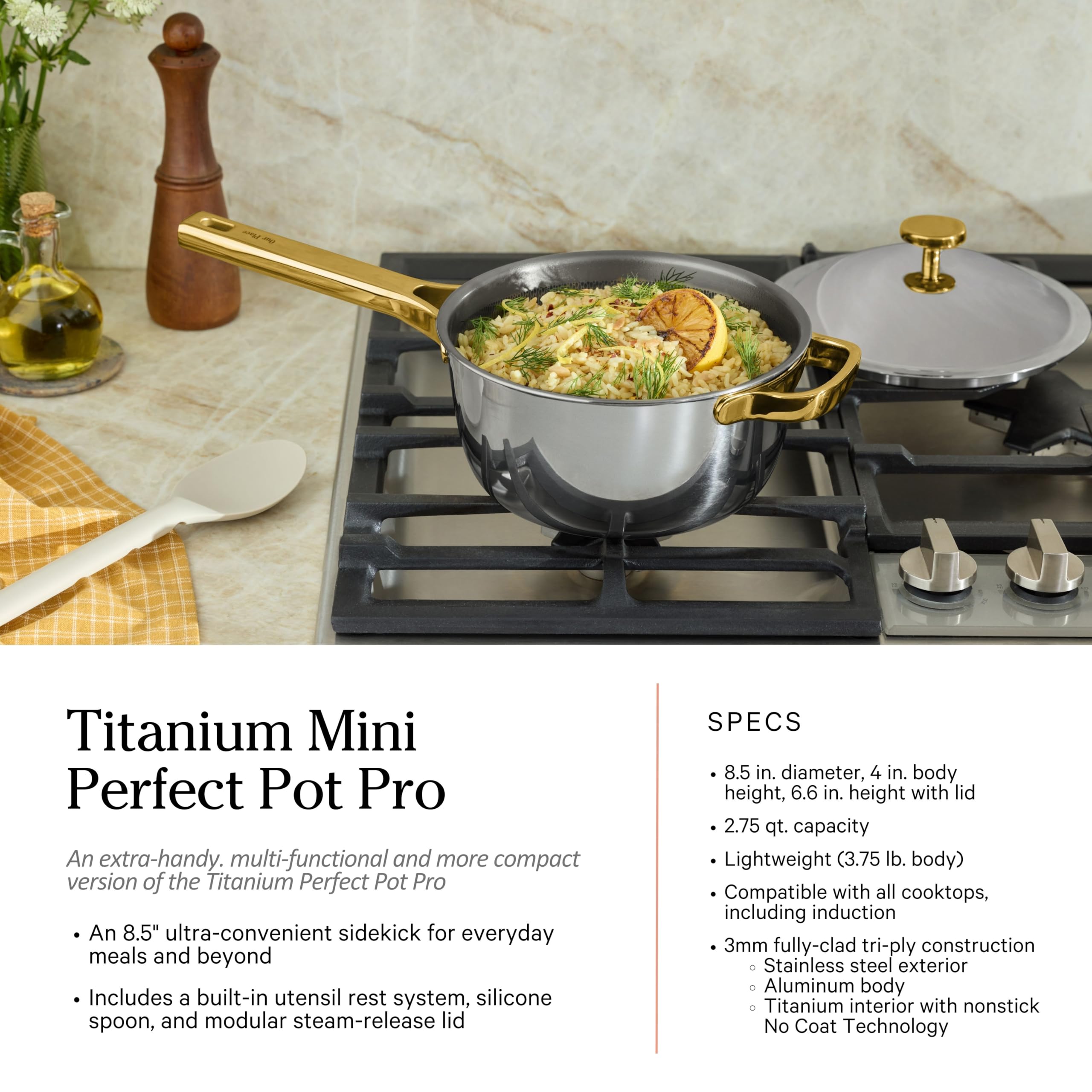 Our Place Titanium Pro tri-ply exterior and aluminum core delivering fast, even heat.