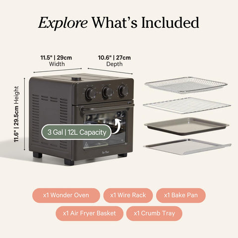 Wonder Oven includes basket, rack, pan, and tray for flexible cooking layouts.
