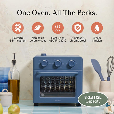 Our Place Wonder Oven door open showing compact countertop design