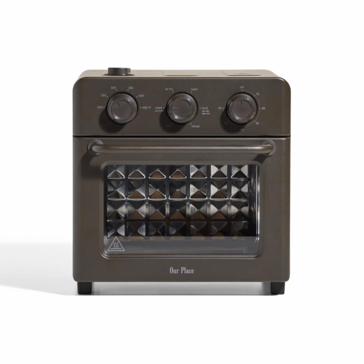 Our Place Wonder Oven front view highlights a sleek stainless steel finish for a modern kitchen.