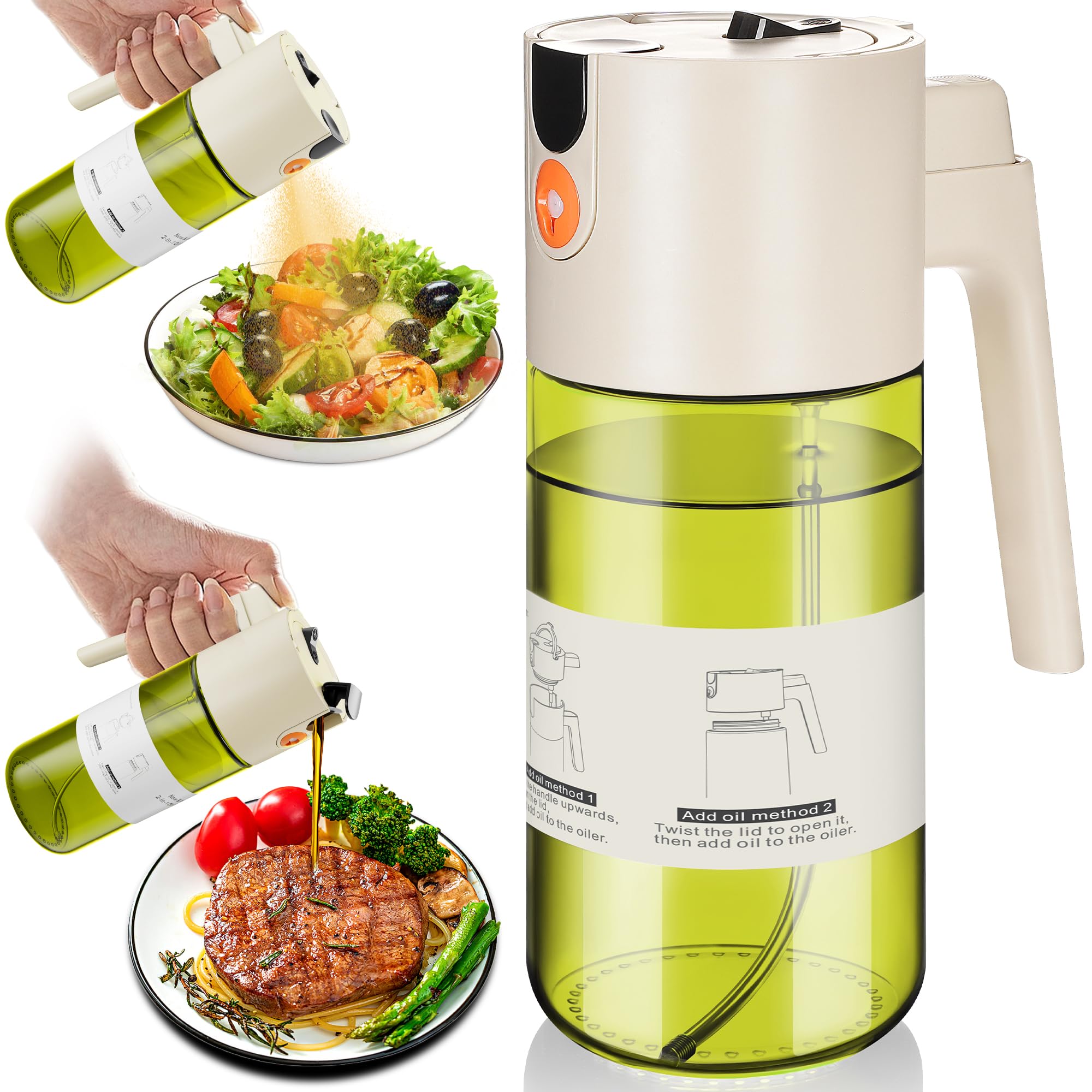 OURCABECUE 2-in-1 oil sprayer in green bottle provides precise spray and pour.