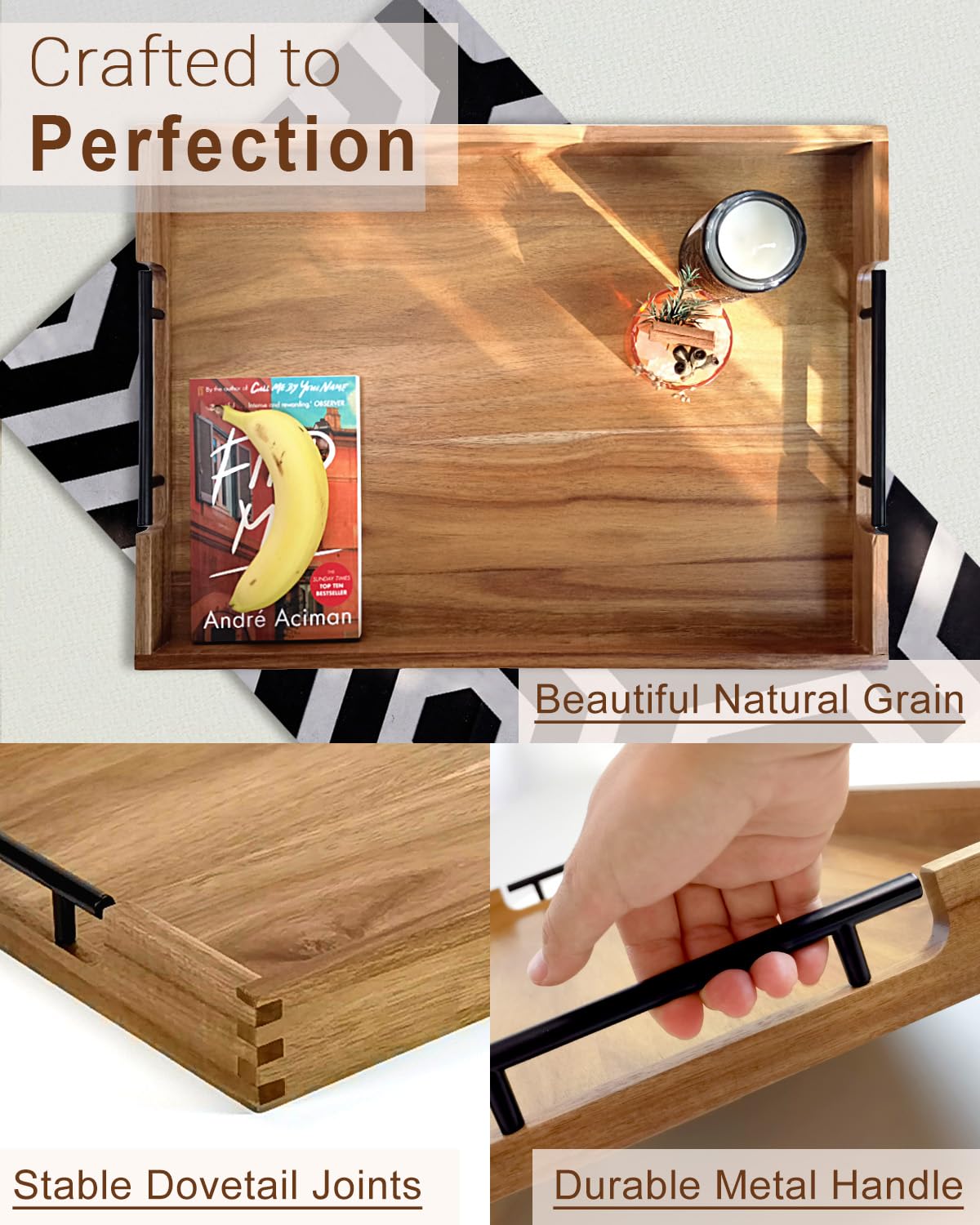 OurMiao acacia wood tray on a kitchen counter, easy to wipe and maintain.