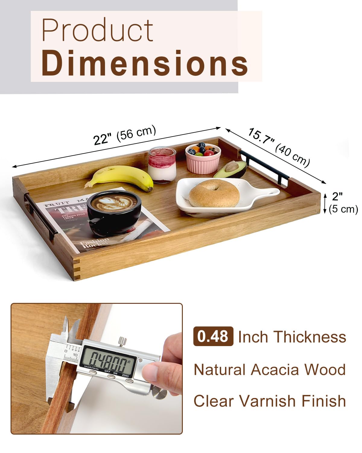 OurMiao acacia wood tray with matte black metal handles close-up for easy transport.