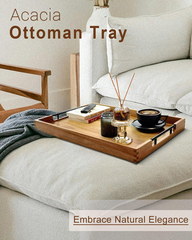 OurMiao acacia wood tray on a coffee table, ready for snacks or decor display.
