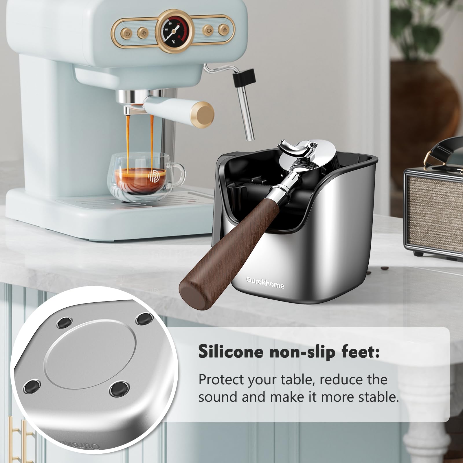 Ourokhome knock box with noise-dampening base during taps