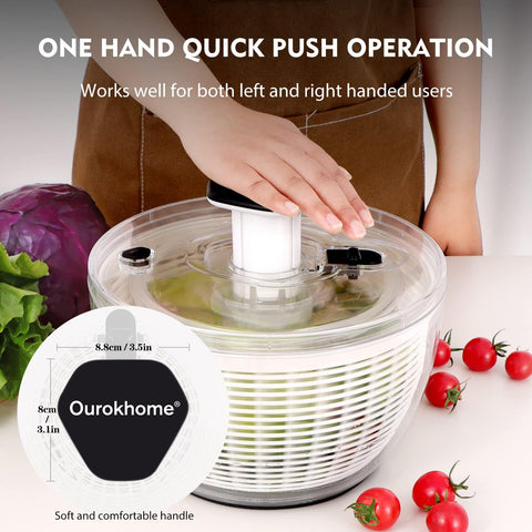 Ourokhome salad spinner interior with rotating basket demonstrates fast water removal.