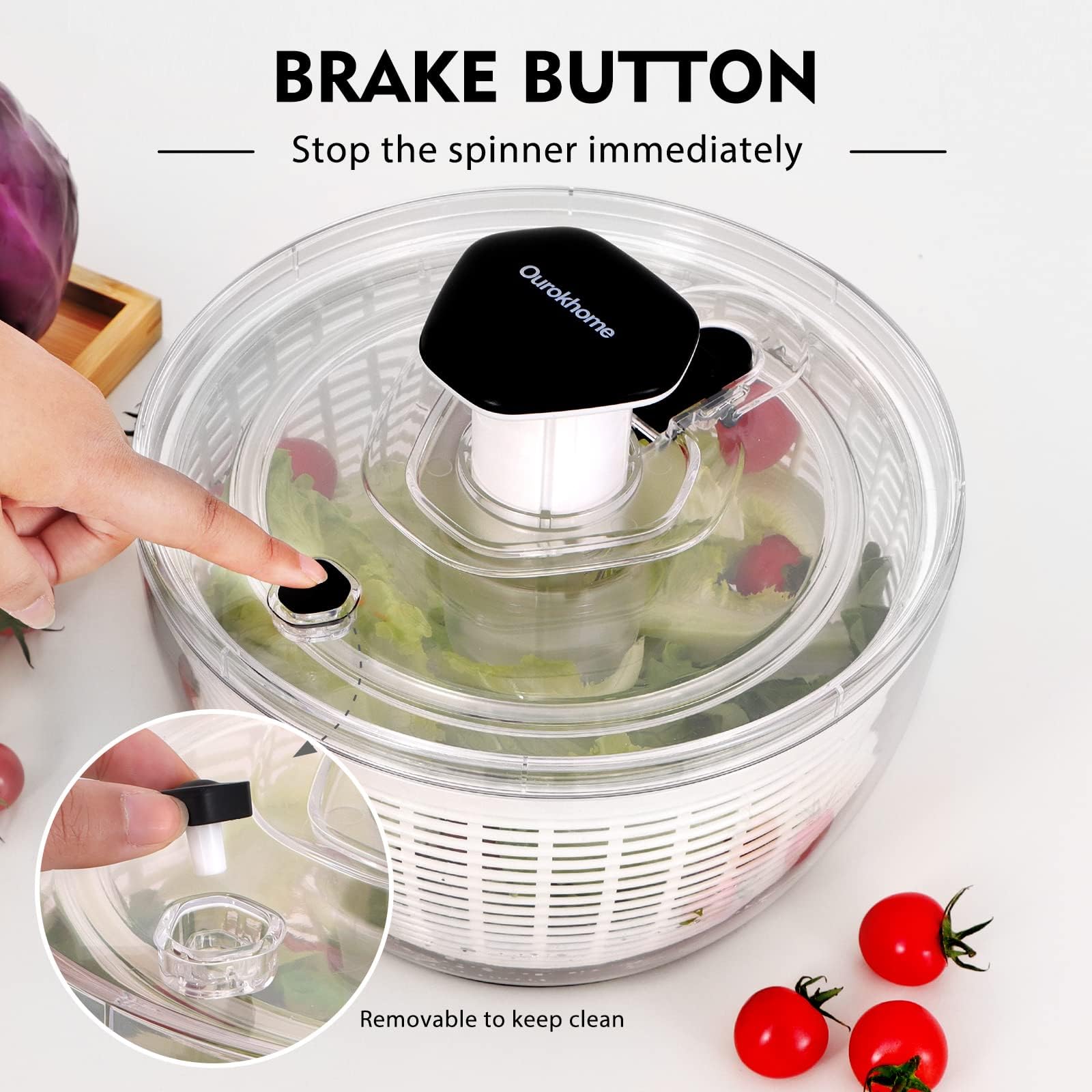 Ourokhome salad spinner in use with rotating basket for quick drying.