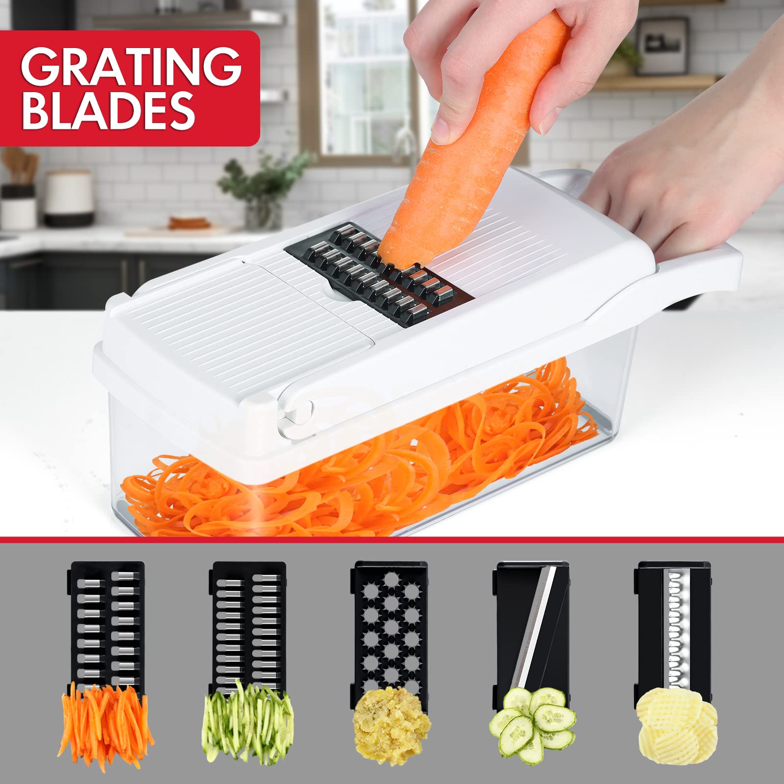 Ourokhome spiral-blades image shows wide and narrow cuts for versatile veggie prep.