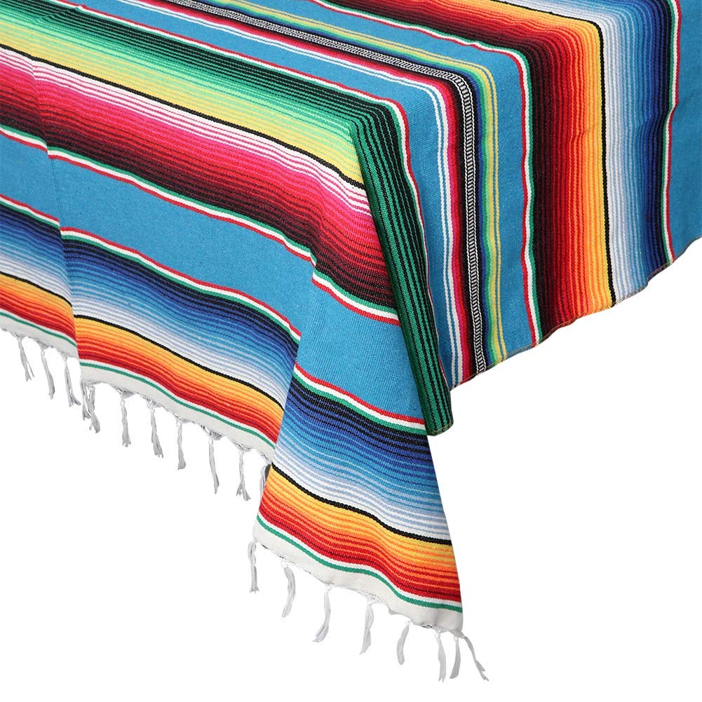 OurWarm blue serape tablecloth with fringe, ideal for outdoor fiestas.
