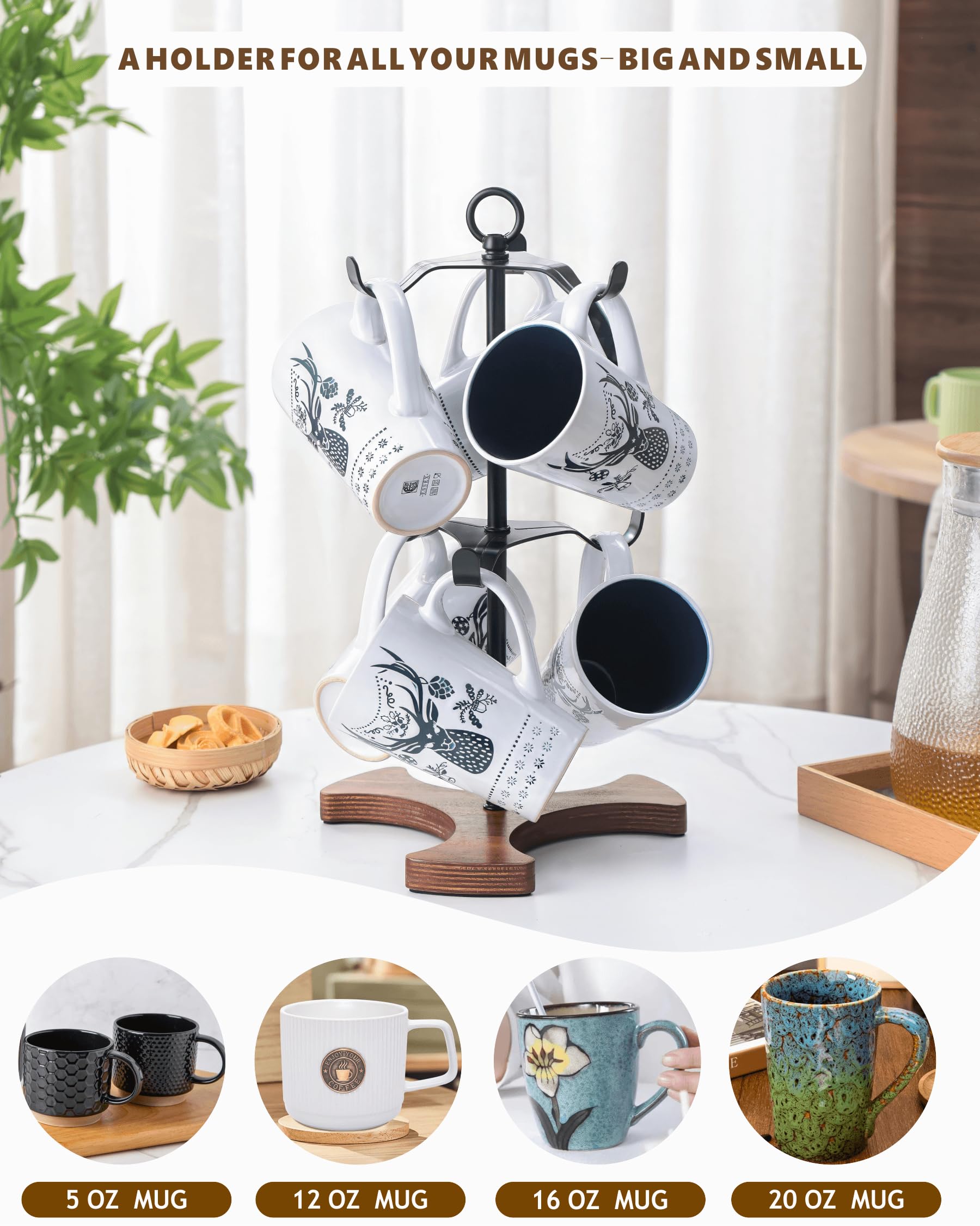 Ouseen Mug Holder Tree accommodates 5oz to 20oz mugs with spaced hooks