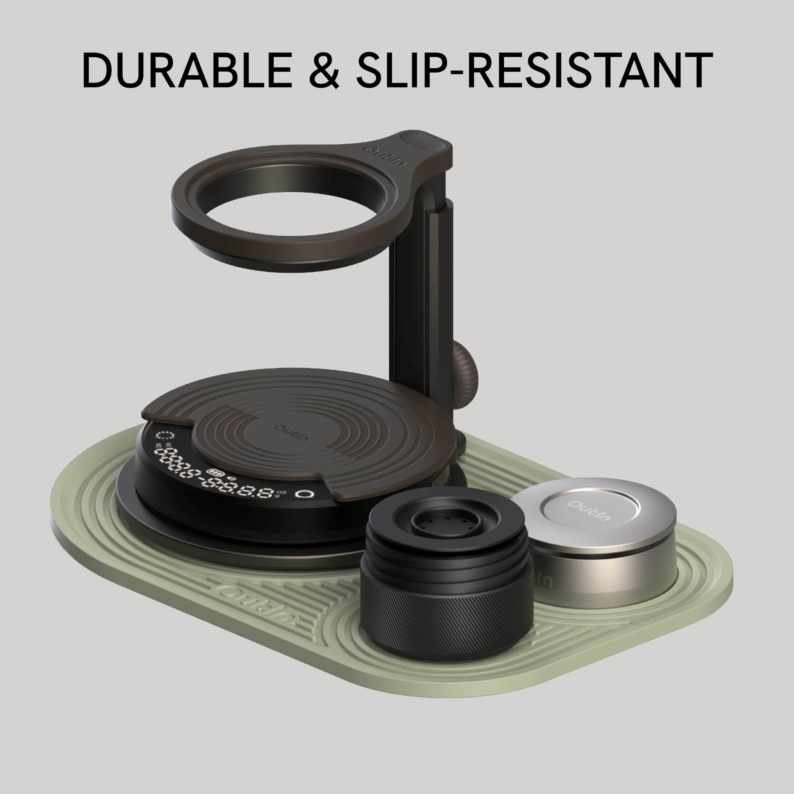 OutIn anti-slip silicone surface grips cups securely while reducing vibrations.