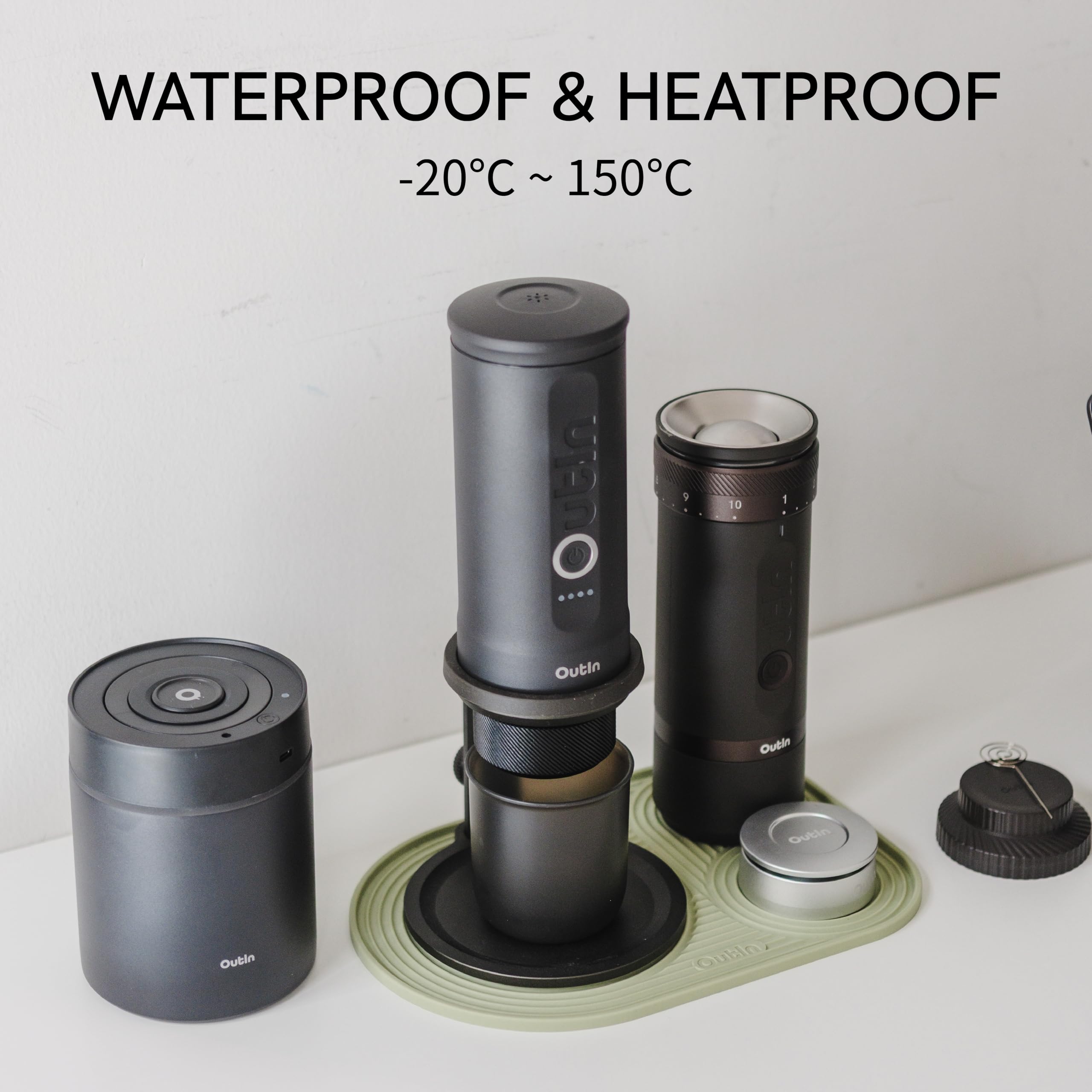 OutIn foldable mat travels easily for home, office, or outdoor coffee setups.