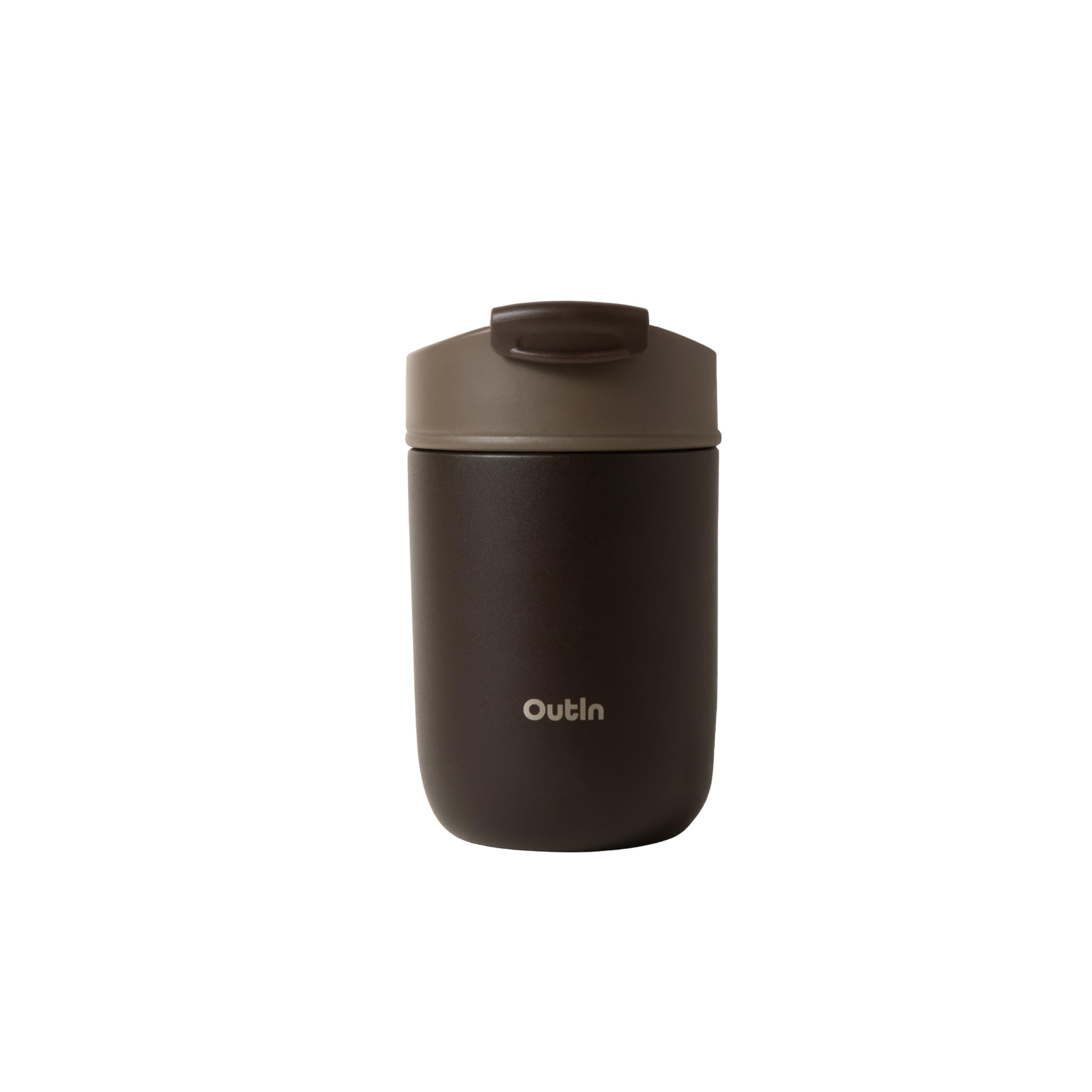 OutIn Travel Tumbler Terra Brown front view shows portable insulation for on-the-go beverages.