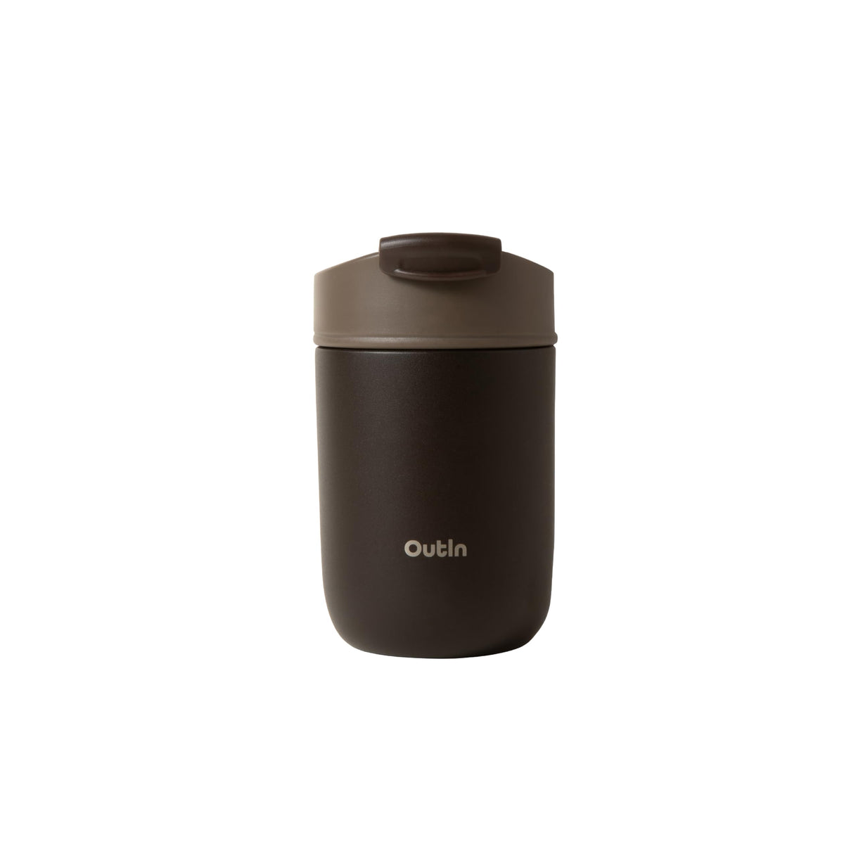 OutIn Travel Tumbler Terra Brown front view shows portable insulation for on-the-go beverages.