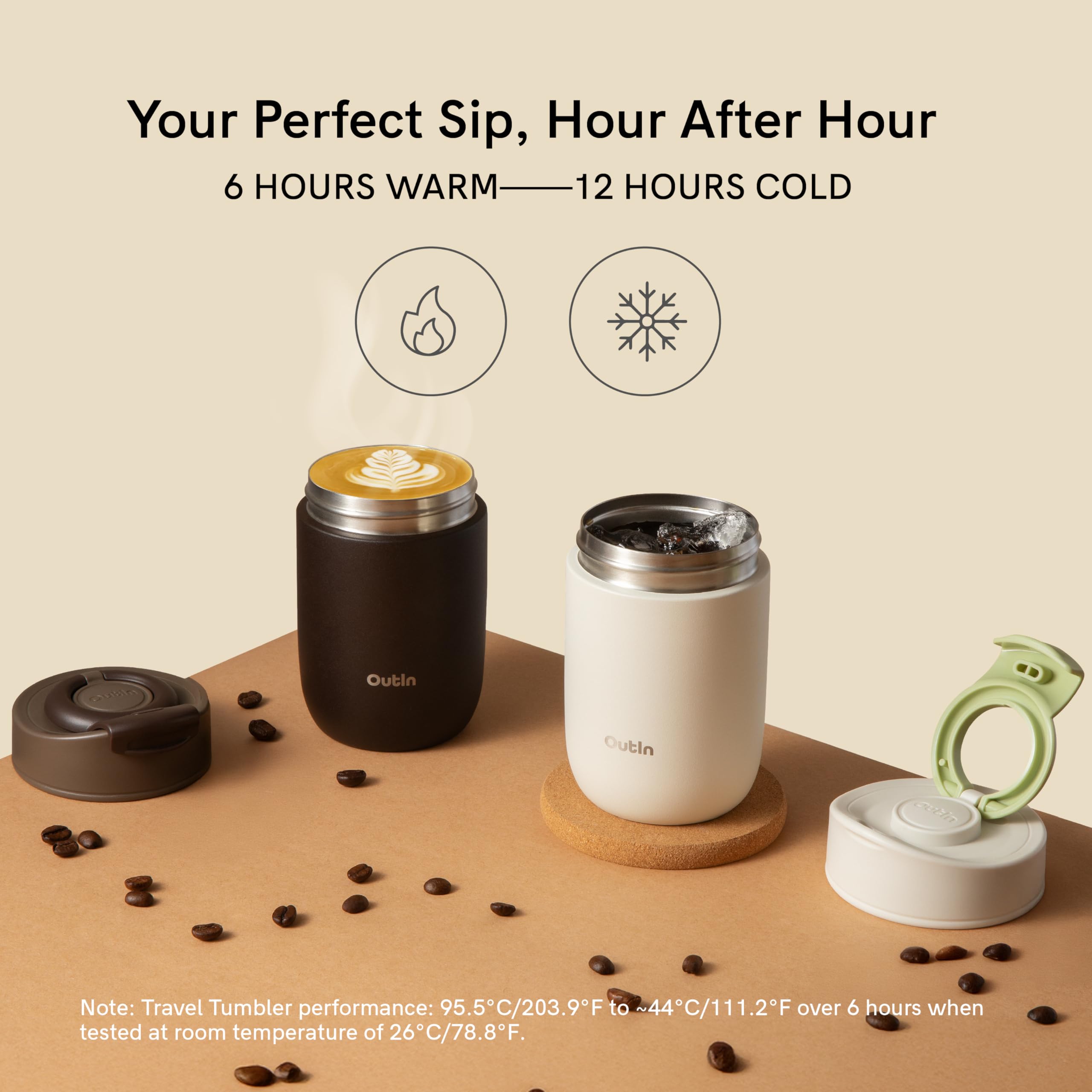 OutIn Travel Tumbler insulation performance helps hot drinks stay warm for hours.