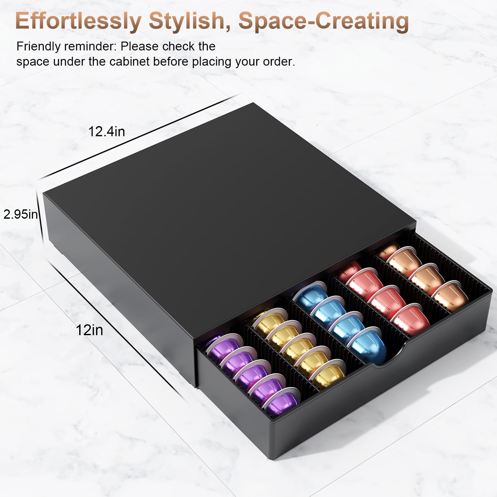 OUTIOE pull-out drawer provides easy access to capsules while keeping counters tidy.