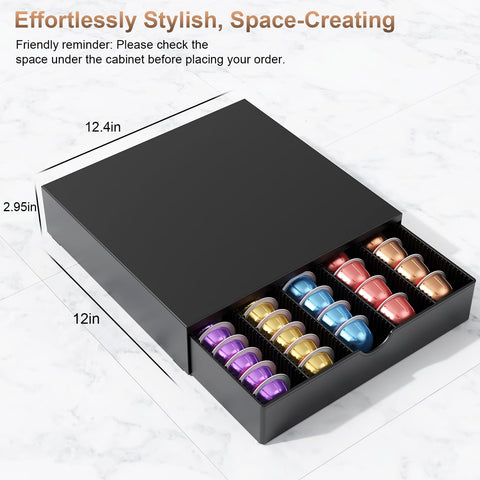 OUTIOE pull-out drawer provides easy access to capsules while keeping counters tidy.