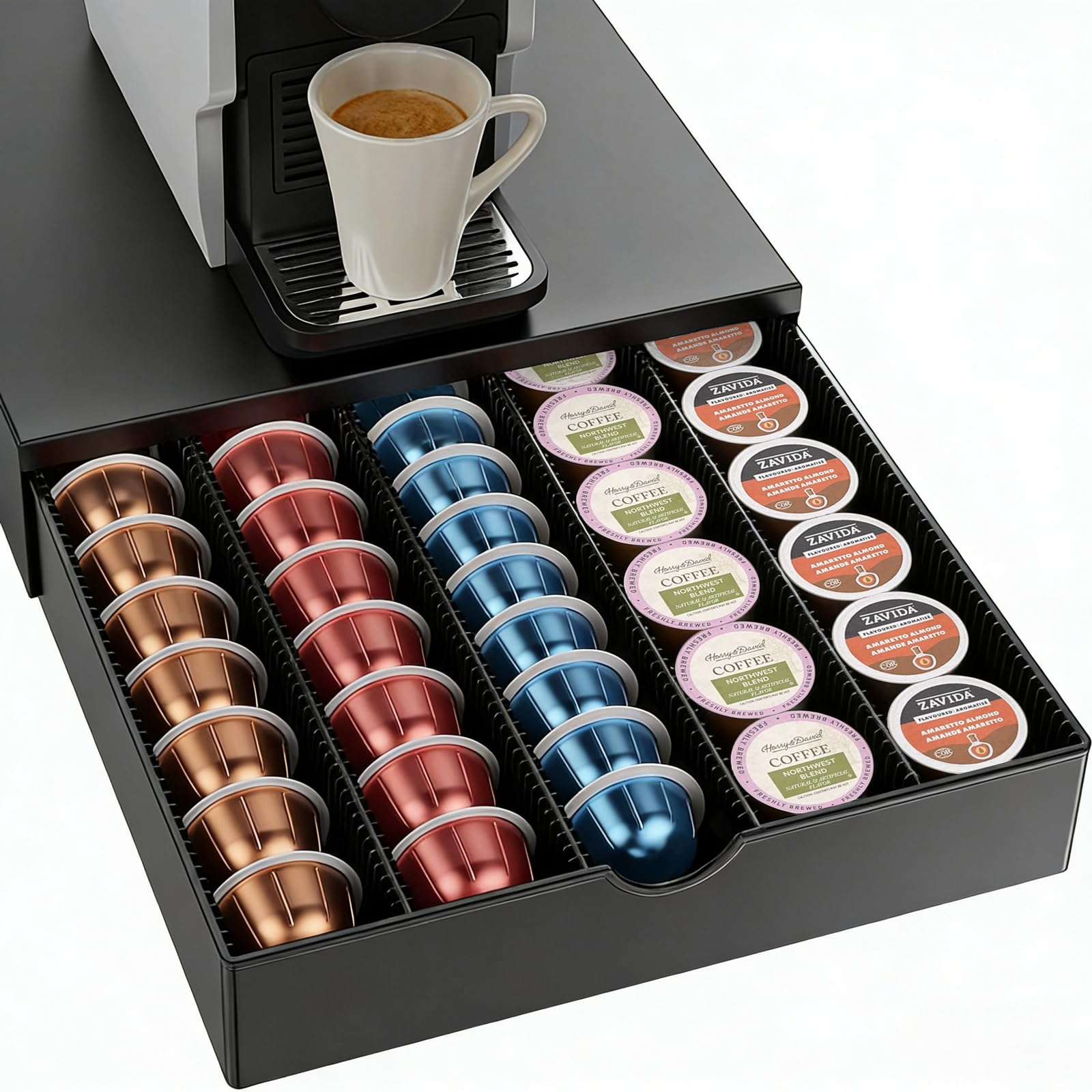 OUTIOE Vertuo drawer fits neatly under the coffee machine for quick access and less clutter.